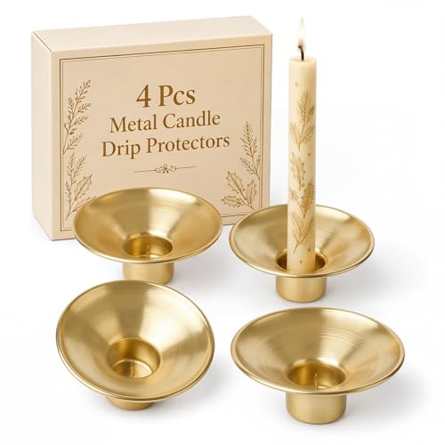 Otoolling 4 Pcs Metal Candle Drip Protectors for Candlesticks Gold Candle Wax Collar Catcher Vintage Bobeches Candlestick Liners Drip Guards Safety Pin Hold for Table Centerpiece Wedding Church Vigils