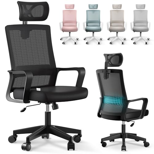 JUPPLIES Silla Escritorio Ergonomica - Silla Oficina Ajustable y Reclinable con Soporte Lumbar, Reposacabezas Ajustable, Malla Transpirable, Ruedas Giratorias 360° Soporta hasta 120kg (Negro)