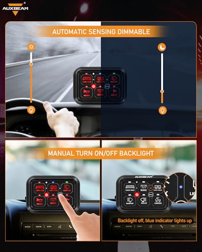 Auxbeam 6 Gang Switch Panel RA60 Toggle Momentary Pulsed RGB Dimmable Switch Panel Multifunction Switch Panel Built in Solid State Relay Marine Control Panel Waterproof for Car Boat, 2 Years Warranty