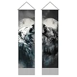 AHANDMAKER Pack of 2 Wolf and Moon Tapestries, Forest Wolf Howling Wall Art Vertical Long Tapestry, Black and White Doorway Wall Hanging for Bedroom Living Room, 13 x 51 Inch