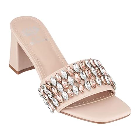 GC Shoes Womens Block Heeled Sandals, Open Toe Fashion Heels, Slip On Jeweled Band High Heel Dress Slides, Drais/Nude/9.5 Cover