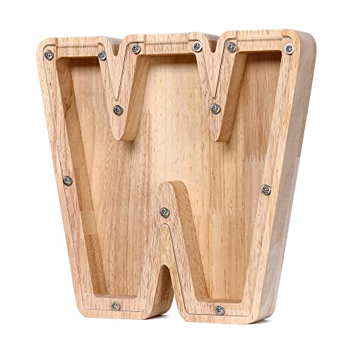 Image of CDUHB Large Personalized Wooden Letter Piggy Bank Alphabet Letter Decorative Sign Coin Bank Perfect Decor,Unique Gift, Keepsake, or Savings Money Box for Kids with Sticker for DIY (W)