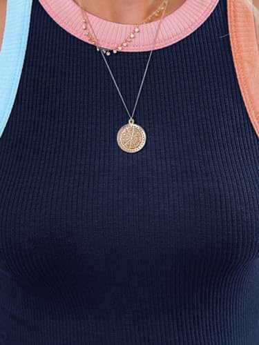 Image of siliteelon Womens Colorblock Racerback Crew Neck Casual Basic Ribbed Fitted Tank Top Sleeveless Camis