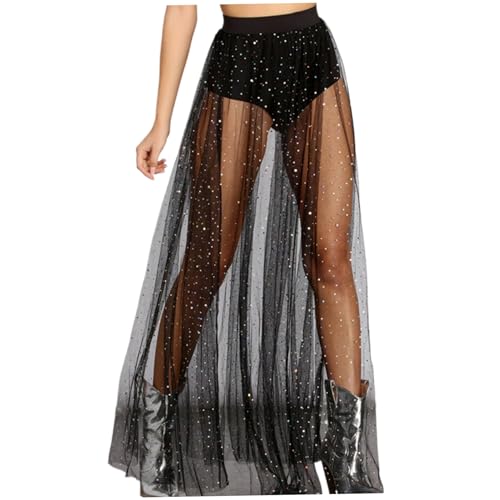 Jupe longue en maille 2 en 1 femme Gcroet avec paillettes brillantes et taille élastique haute