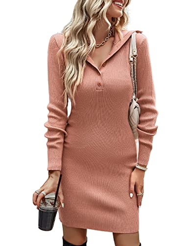 BebreezChic Vestido de Punto para Mujer Midi Elegante Cuello V Manga Larga Color Sólido Ajustado Casual Simple para Otoño Invierno, Amarillo S Cover