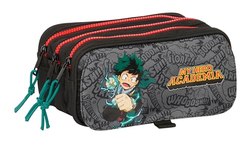 Safta MY Hero Academia - Portatodo Triple Big, Estuche Infantil, Estuche Niño, Ideal para Niños en Edad Escolar, Cómodo y Versátil, Calidad y Resistencia, 21.5x8x10 cm, Color Negro
