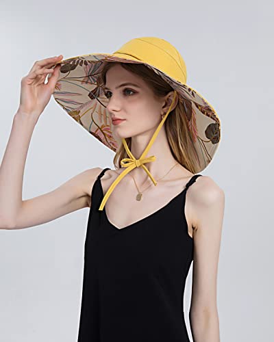 Koreshion Women Ponytail Sun Hat Reversible Fishing Hat Foldable Bowknot Summer Hat Upf 50+ Beach Cap Wide Brim Bucket Hat Yellow #TOP5