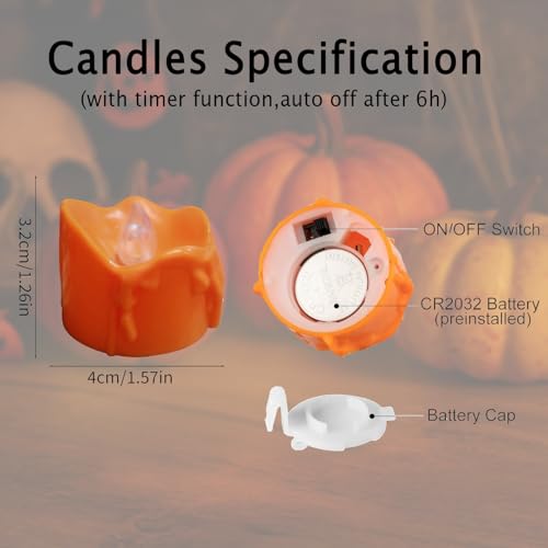 Image of 12 Pcs Orange Melting Tea Light Candles Battery Operated with Timer | Warm White Flickering Tealight, Battery Includes Last for 100+ Hours, for Thanksgiving Fall Autumn
