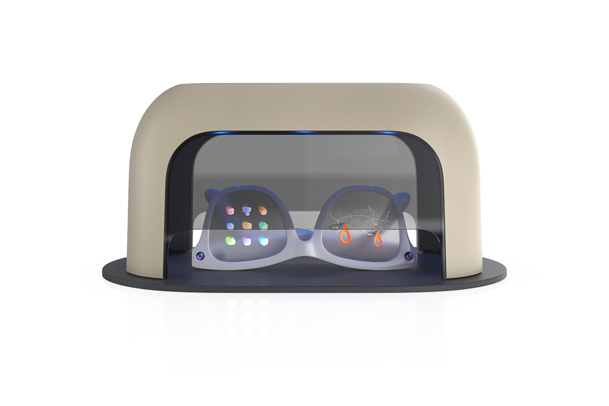 flow-med Suche okulary UV – UV-C pudełko do suszenia i czyszczenia do okularów AI, inteligentnych okularów i okularów słuchowych z ładowaniem USB-C, 5 diod LED UV-C, tryb inteligentny, 2 x USB-C