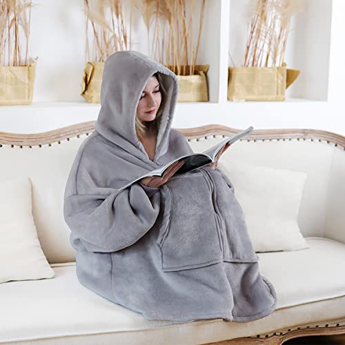 Queenshin Open Front Zip Up Oversized Hoodie Wearable Blanket For Men Women, Adults Comfy Sherpa Lined Hooded Sweatshirt With Zipper, One Size,Light Grey #TOP4