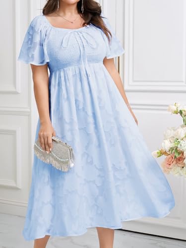 Image of SCOMCHIC Women's Plus Size Formal Dresses Square Neck Short Sleeve Lace Floral Smocked Flowy Long Maxi Wedding Guest Dress
