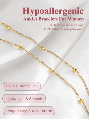 Image of FOCALOOK 14K Gold Plated Anklets for Women Waterproof Plus Size Ankle Bracelet 8.5-10.5 Inch Adjustable Mariner /Figaro /Flat Snake /Cuban Link Chain Anklet Jewelry for Summer Beach Holiday
