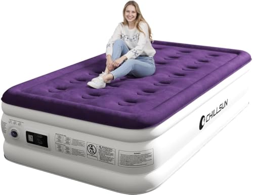CHILLSUN Colchón Hinchable autogonflable, colchón de Aire para 2 Personas 203x152x46 cm, Superficie de Felpa Gruesa e Impermeable, Compacto y fácil de almacenar para Camping (Morado, Sencillo)