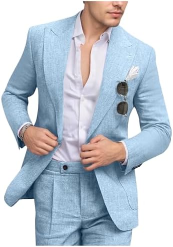 Men's Linen Suit Slim Fit 2 Piece Summer Beach Wedding Suits Peak...