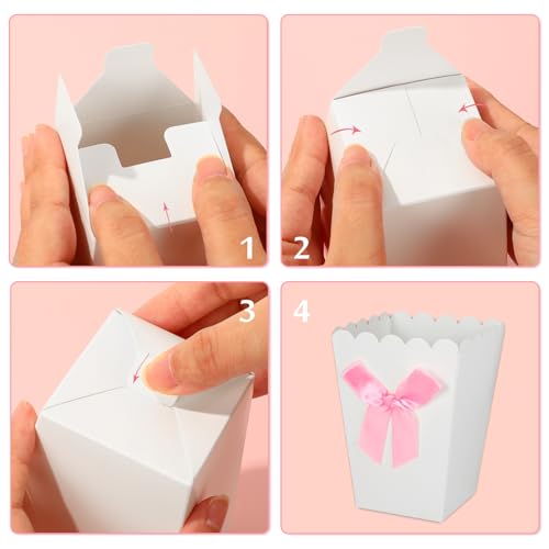 Image of JarThenaAMCS 36Pcs Mini Popcorn Boxes White Popcorn Buckets with Pink Bow Paper Candy Goodie Box for Movie Night Party Supplies, 4.2 x 3 x 2.2 Inch