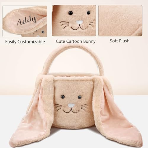 Image of Easter Bunny Basket for Kids, Cute Plush Big Ear Easter Basket with 50PCS Easter Stickers Pack for Boys Girls Easter Gifts for Egg Hunting Basket (Brown)