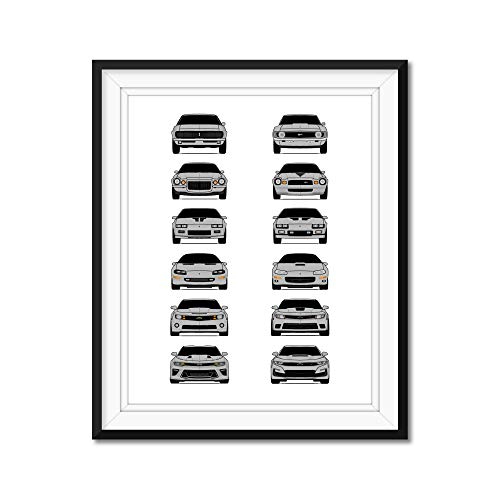 Custom Car Posters History of Chevy Camaro Generations and Handmade Print of Camaro from 1967 to Present - Silver, 24x36