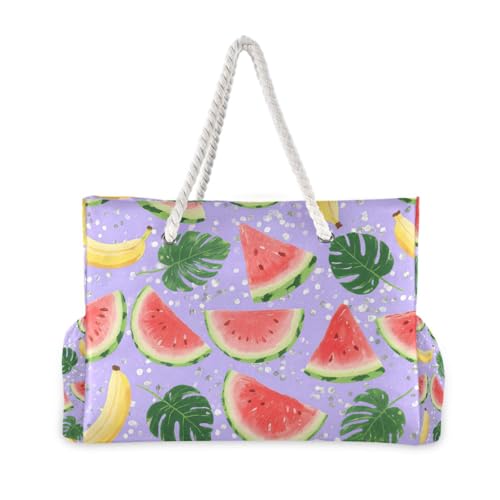 OTVEE Watermelon Slices and Tropical Leaves Beach Bags for Women Ladies Large Canvas Tote Shoulder Bag Waterproof Travel Bags for Gym Swim Pool Camping2