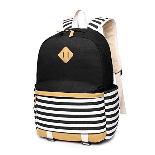 Preisvergleich Produktbild Schulrucksack,Aokey Fashion Mädchen Schulrucksack Damen Canvas Rucksack Teenager Baumwollstoff Streifen Schultasche Daypacks für Universität Outdoor Freizeit (Schwarz)
