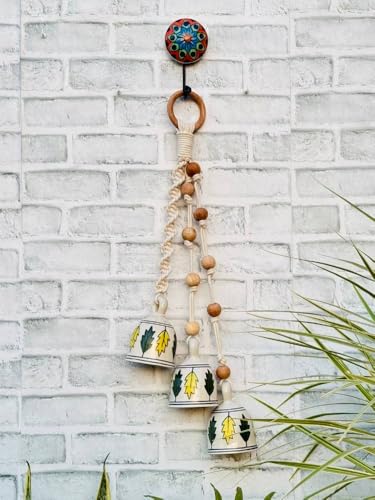 Image of Crafty Co. Handmade Ceramic Macrame Hanging Bells for Home Decor | Bunch of 3 Big Decorative Ceramic Bells with Wooden Beads | Wall Hanging Bells for Entrance, Patio, Balcony & Festive Decor (White)