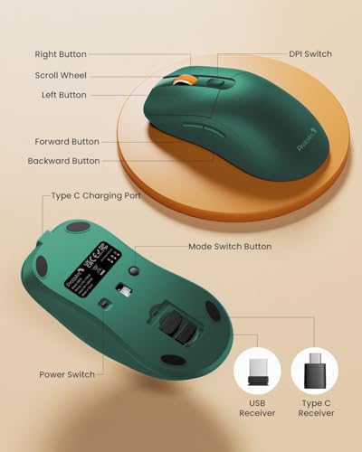 Image of ProtoArc EM15 USB C Mouse, Tri-Mode Bluetooth Mice for Laptop, Green | 68g Ultra-Light, Full-Size Ergonomic Design, Silent Clicks, Rechargeable, Dual Receivers (Type-C & USB-A), for Windows, Mac