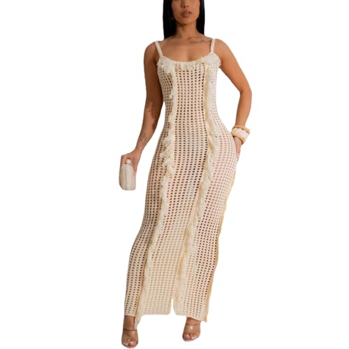 Crochet Knitted Beach Skirt Sleeveless Knitted Suspended Tassel Open Back Dress