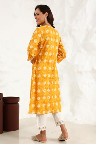 Image of W for Woman Marigold Yellow Floral Printed Metallic Embroidered Neck Cotton Blend Straight Kurta