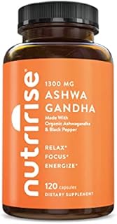 NutriRise Organic Ashwagandha Root with Black Pepper Capsules - 120ct - 1300mg, Natural Stress & Mood Relief, Sleep Aid, Adrenal & Thyroid Support Supplement; Ayurvedic Nootropic for Focus & Energy