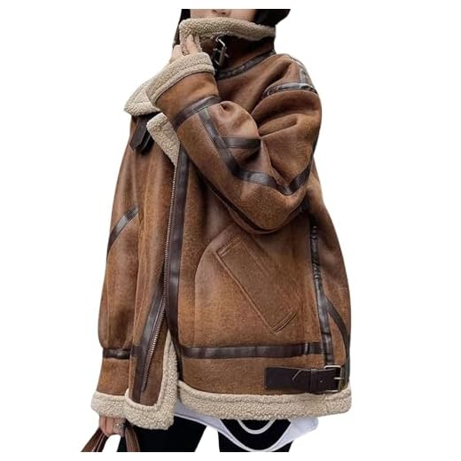 Veste de moto en faux daim surdimensionnée pour femme veste en cuir doublée de polaire sherpa aviateur manteau de fourrure en peau de mouton retournée pardessus (Marron,TG)