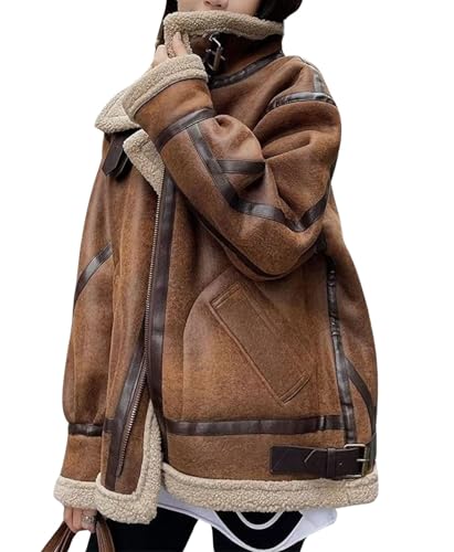 loveimgs Women Oversized Faux Suede Moto Jacket Sherpa Fleece Lined Leather Jacket Aviator Shearling Fur Coat Overcoat