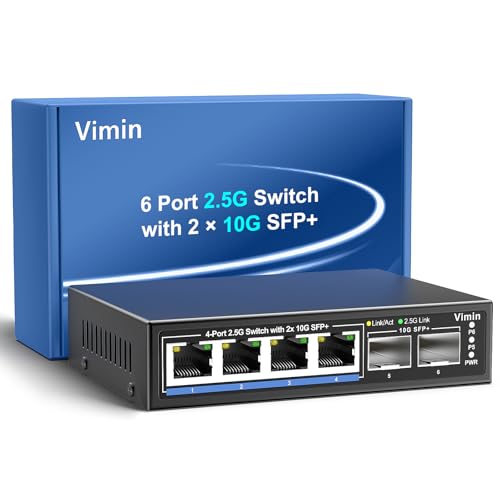 Image of 6 Port 2.5G Unmanaged Network Switch, VIMIN 4X 2.5Gbase-T Ports, 2X 10G SFP+ Port, 60Gbps Switching Capacity, IEEE802.3, Metal Housing, Fanless, Work for 2.5Gbps NAS, Wireless AP & PC