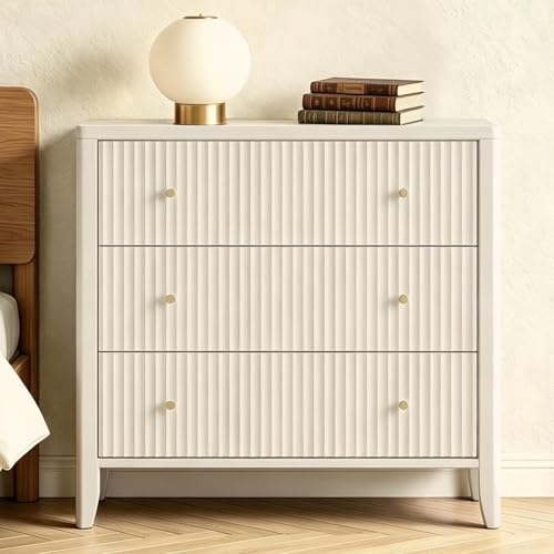 Image of Fatmok Fluted 3 Drawer Dresser for Bedroom Set of 3, 34 inch Wide Chest of Drawers, Modern Wood Nightstand End Table with Metal Handles, Striped Storage Cabinet for Living Room, Hallway, Alabaster White