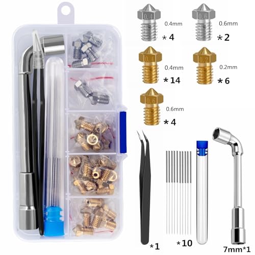 30 Stück Düsen 0,4 mm 0,2 mm 0,6 mm,3D-Drucker Messing Stainless Steel-Hotend-Düsen mit für 1,75 mm Filament Hot Ends V5, V6，Zum Beispiel für Anycubic i3 Mega Chiron Prusa i3 MK3/MK3S/Mega/Kobra Neo