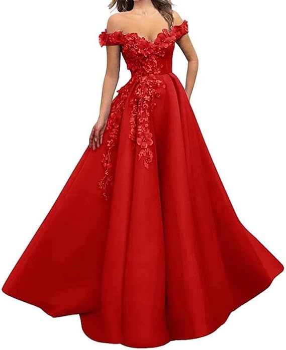 Tüll-Ballkleider Langes Kleid mit Stickerei und schulterfreiem Ausschnitt 3D-Blumen Formelle Abendkleider Rot XXL