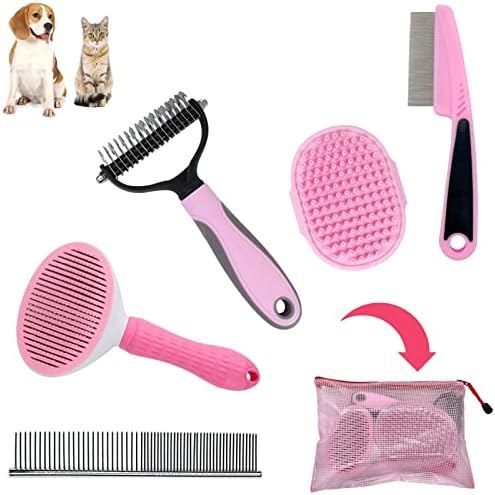 Dog Grooming Brush Shedding Kit - Dog Brush for Long Haired Dogs Short Haired Dogs, Dematting Comb for Dogs, Cat Hair Brush, Shedding and Flea Comb Kit Pink