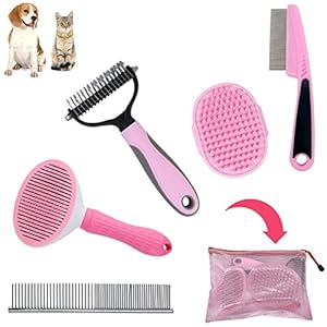 MASTER QUEEN Dog Brush for Grooming Kit 5PCS – Deshedding Dog Brush for Short Hair Dogs, Dog Hair Brush for Grooming Small Dogs,Puppy Brush and Slicker Brush for Dogs, Flea Comb and Dog Comb Set Pink