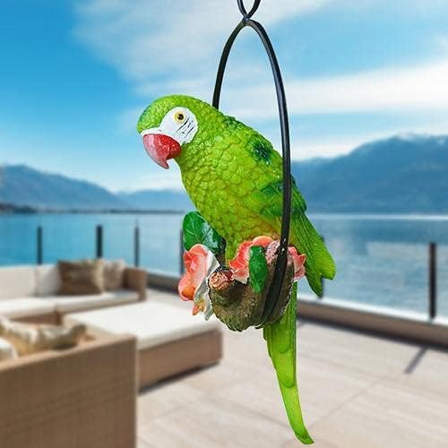 Garden Hanging Parrot Statue Perching On Branch in Metal Round Ring Animal Model Figurine Sculpture Nature Lovers Tropical Bird DIY Lawn Patio Home Sculpture Tree Decor (Green), Natural