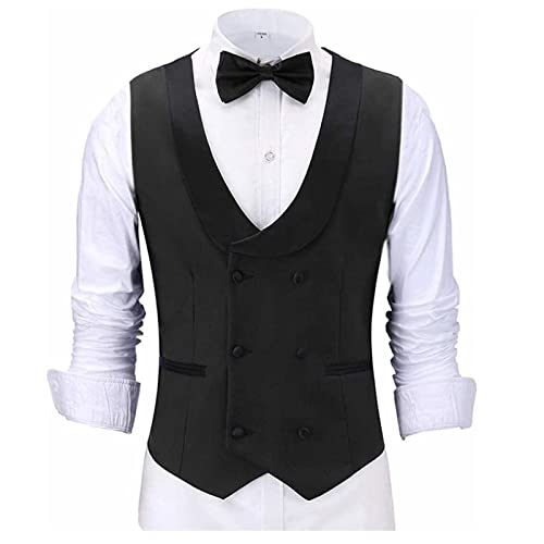 Mens Double Breasted Suit Vest Formal Business Big Lapel Wedding Tuxedo Waistcoat for Groomsmen Fiance Employee (Color : Black, Size : X-Large)
