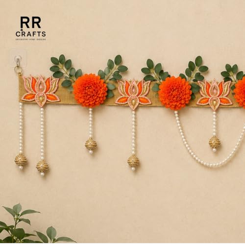 Image of Premium Lotus Toran for Main Door Entrance|Handmade Orange Lotus Flower Banderwal with Pearl Hanging & Green Leaves|Decorative Door Hanging for Diwali, Pooja, Wedding & Home Decor|38 in.