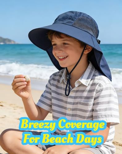 Image of Rosoz Kids Sun Hat with Neck Flap UV Protection Summer Toddler Beach Hat Unisex Ponytail Hat Wide Brim Fishing Hat