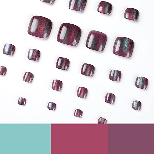 Press On Toenails Short Cat Eyes Fake Toe Nails Sparkle Glitter False Toenails Exquisite Artificial Glossy Full Cover Glue On Toe Nails Purple Acrylic Toe Nails For Women 24Pcs #TOP2