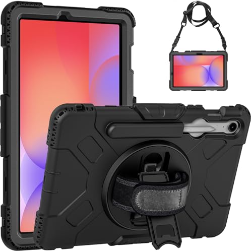 Image of Robustrion Cover for Samsung Galaxy Tab S10 Lite /Tab S9 FE / S10 FE 10.9 inch with S Pen Holder, Armor Cover with [Shoulder Strap] and [360 Degree Rotating Hand Strap] - Black