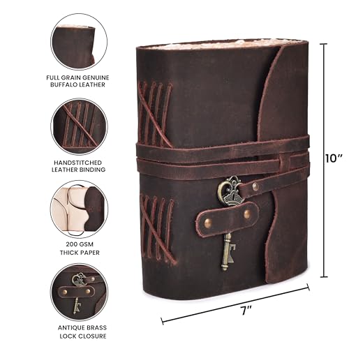 Image of LEATHER VILLAGE Leather Journal Blank Pages Key Lock, Rustic Brown 10x7. | Handmade Deckle Edge paper, 200 Blank Pages ,Book Of Shadows, Sketchbook, Scrapbook, Leather Journal , Chocolate Brown 10x7