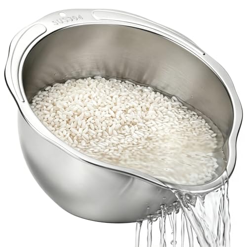 Palksky Rice Strainer & Rice Washing Bowl Stainless Steel - 5.6 Qt Professional Fine Mesh Rice Washer for Kitchen - Heavy Duty Rice Rinser, Cleaner & Drainer Colander for Quinoa, Grains & Fruit