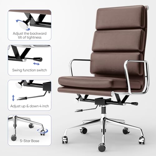Image of Genuine Leather Office Chair, Padded High Back Ergonomic Executive Desk Chair with Aluminum Arm Rest and Base, Swivel Wheels with Lumbar Support & Tilting Function, Hight Adjustable, Dark Brown