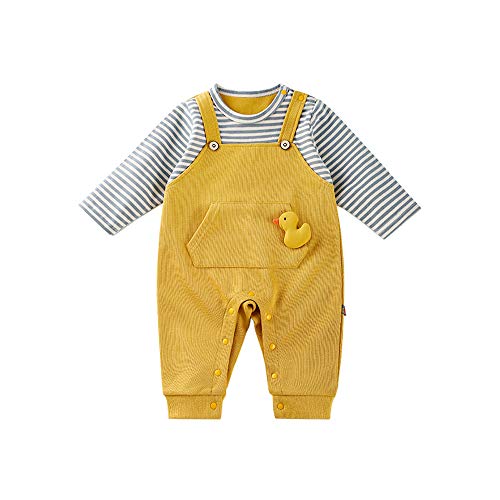 [Baby koi] ベビー服 長袖ロンパース男の子春秋サロペット風重ね着風新生児フェイクレイヤード カバーオール出産準備贈り物ダック柄無地イエロー12M