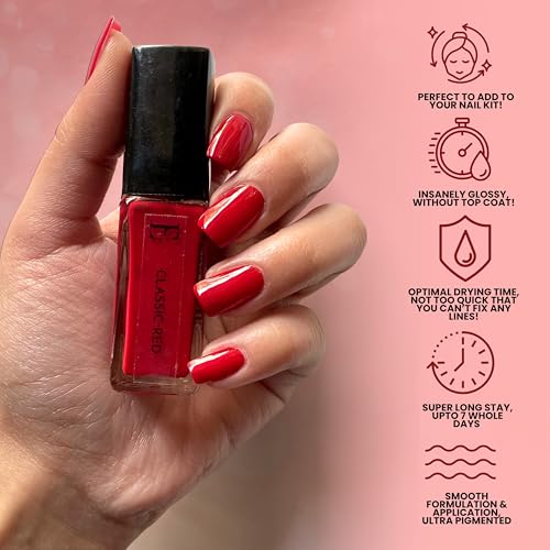 Image of Ellemen Co Classic Red Nail Paint 10 ML | High Gloss Salon Shine Nail Colour | Fast Dry Formula with Smooth Application | Long Lasting & Chip Resistant Finish | Rich Pigmented Red Shade for Everyday Wear, Parties & Special Occasions