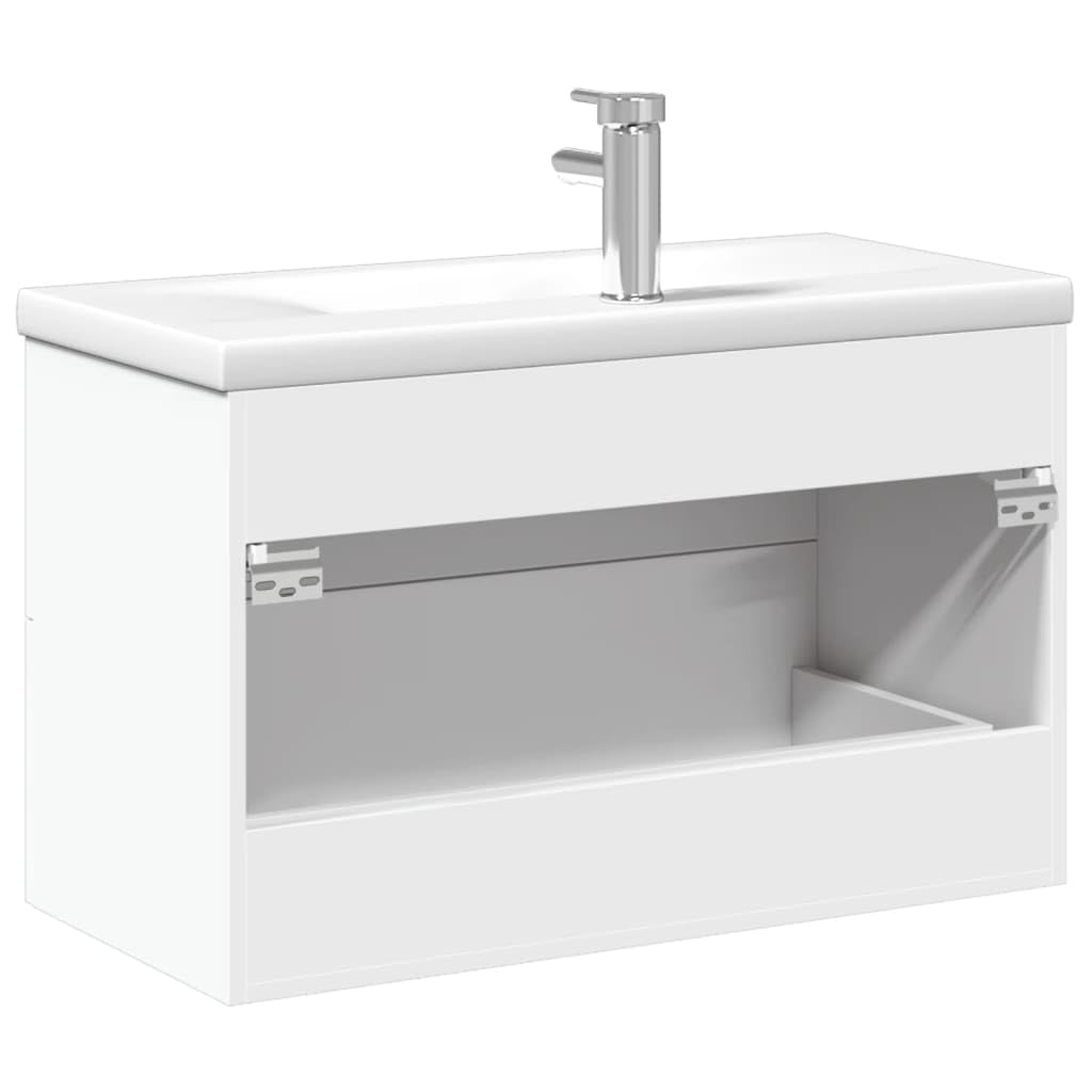 Mueble bajo lavabo empotrado blanco de 80 cm, juego de muebles de baño de pared, lavabo moderno de madera con lavabo de cerámica, grifo y desagüe incluidos