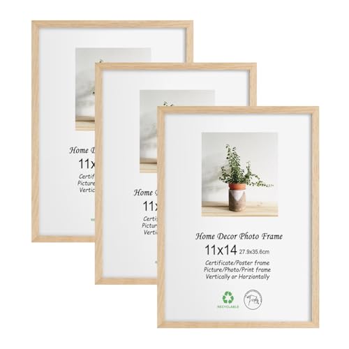 LYYYXGYP 11x14 Picture Frame Set of 3 Wooden Photo Frame Natural Solid Oak Wood Beige Poster Frame with Plexiglass for Art Gallery Wall Collage Decor