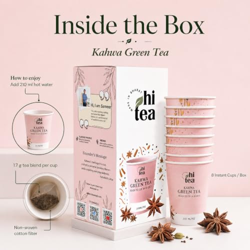 Image of HI TEA Kahwa Green Tea | Just Add Hot Water | Instant Green Tea Cups | 8 Cups /Box